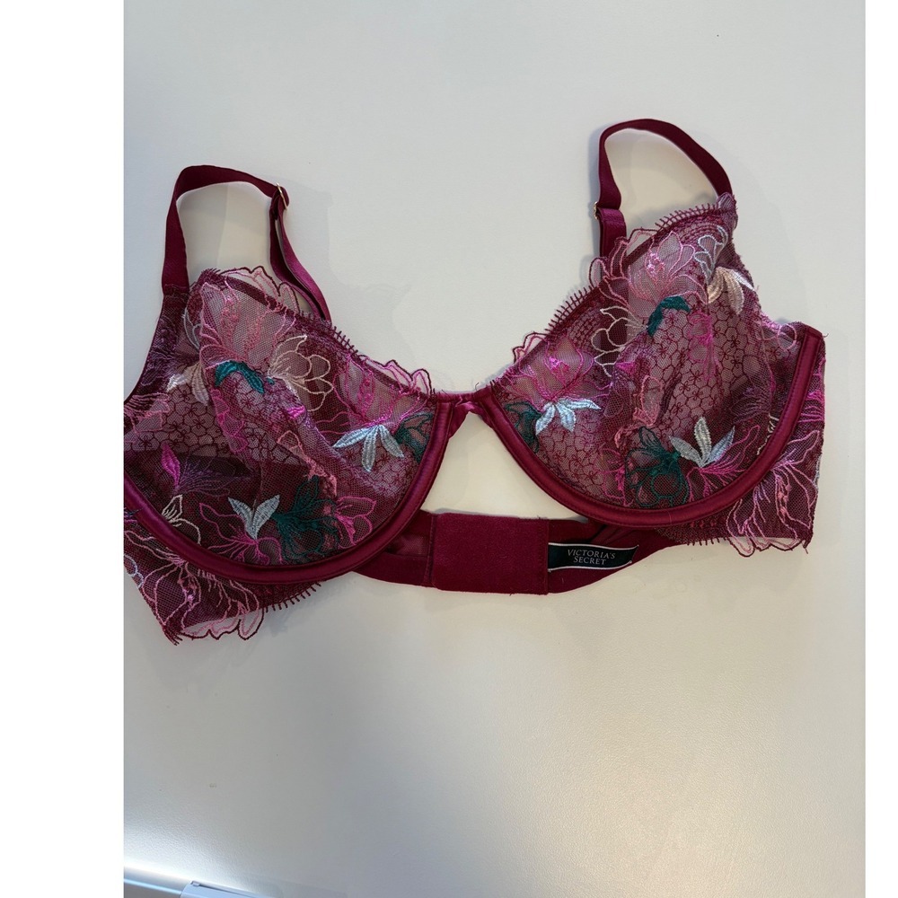 Victoria's Secret Burgundy Floral Embroidered Sheer Mesh Underwire Bra 34D - Picture 4 of 8